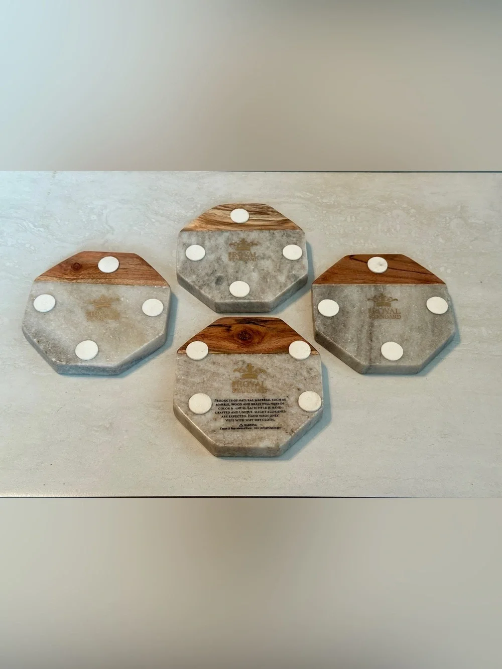 Marble & Wood Coasters Octagon Set of 4 Grey/Brown - Royal Standard